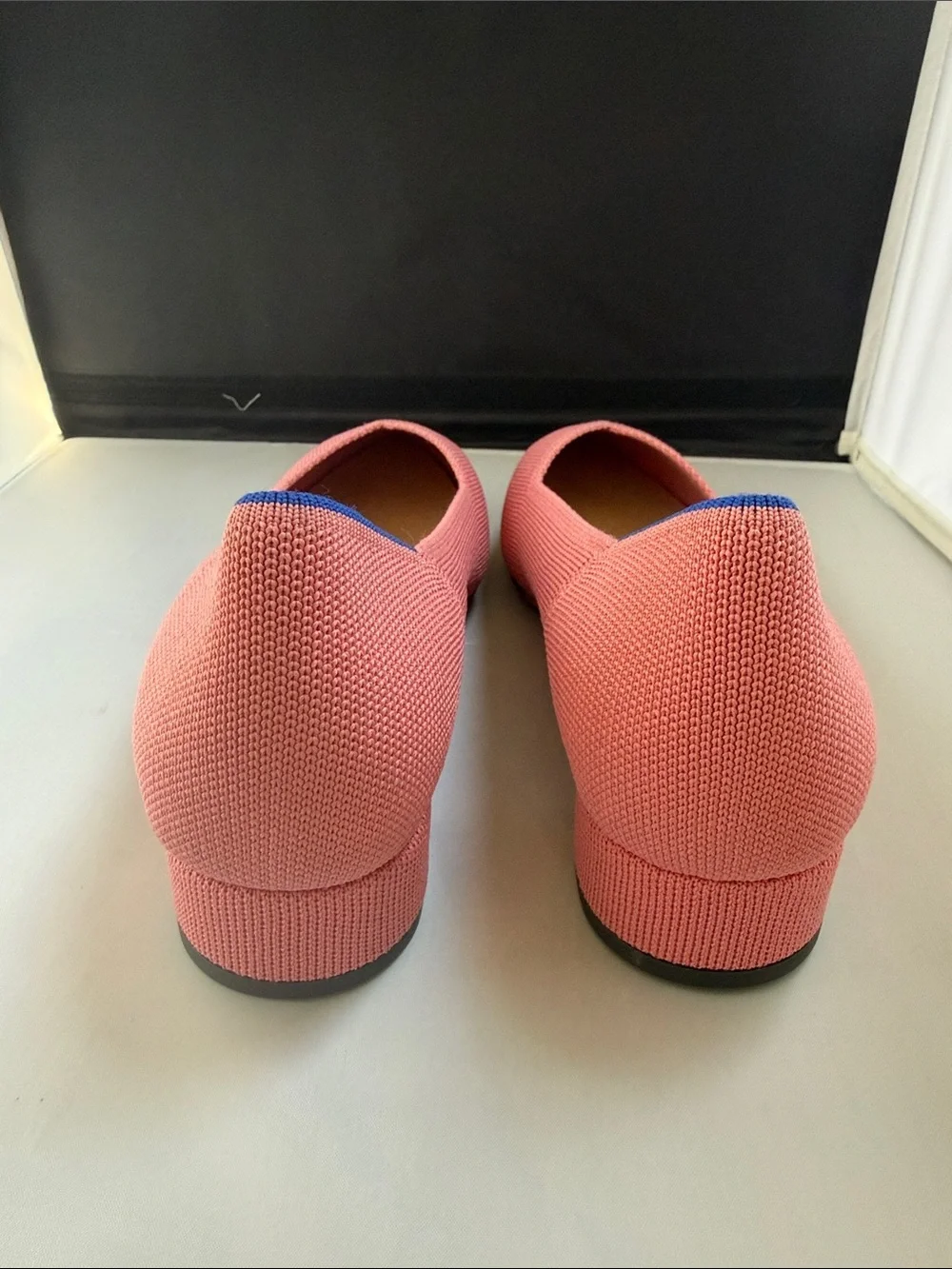 Rothy's Coral Knit Pointed Flats with Blue Trim